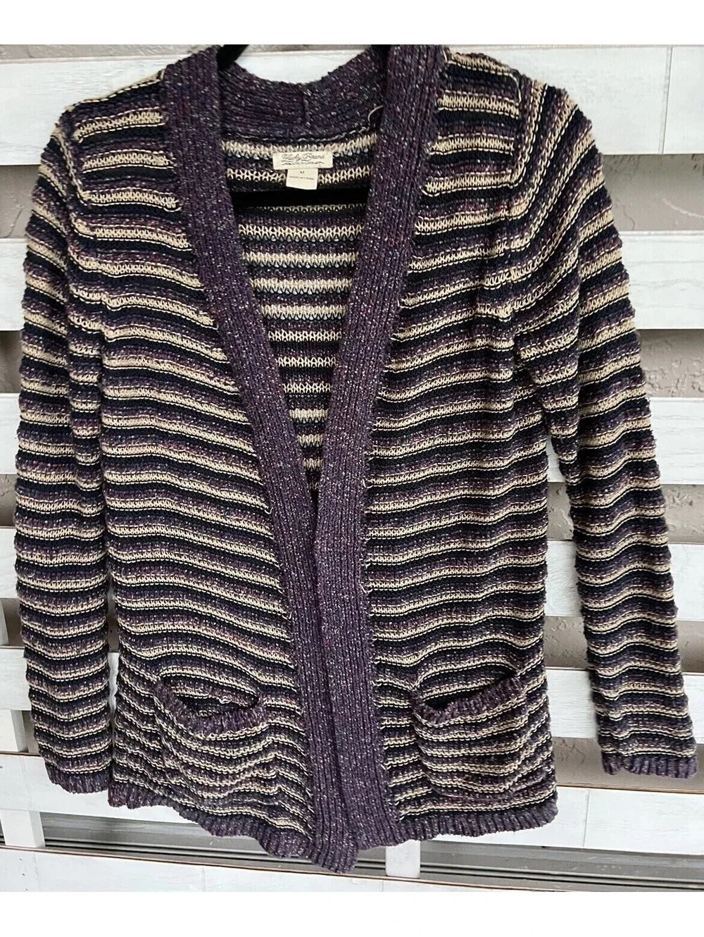 Lucky Brand Striped Pockets Long Cardigan Sweater  Purple Cream Size M.